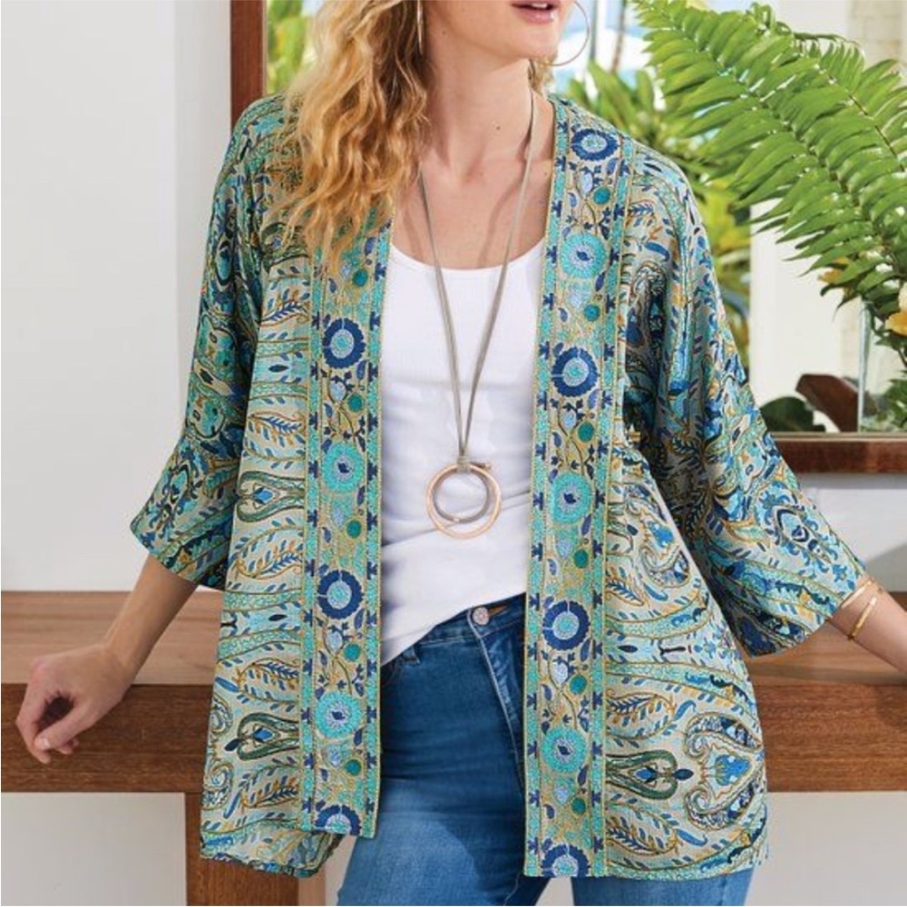 Soft Surroundings Blue Taupe Medina Topper Kimono Embroidered Size L/XL